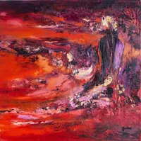 Tableau Abstrait Rouge 227 “Lave”, peinture originale à l'huile par Régine Gardan, 50 × 50 cm. Un tableau rouge peint à la main.
