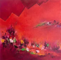 Tableau Abstrait Rouge 213 “Le Miroir”, peinture originale à l'huile par Régine Gardan, 50 × 50 cm. Un tableau rouge peint à la main.