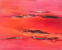 Tableau Abstrait Rouge 70 “Le Passage”, peinture originale à l'huile par Régine Gardan, 60 × 50 cm. Un tableau rouge peint à la main.