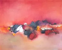 Tableau Abstrait Rouge 183 “Nuage”, peinture originale à l'huile par Régine Gardan, 60 × 50 cm. Un tableau rouge peint à la main.