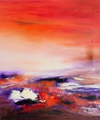 Tableau Abstrait Rouge 228 “Passiflore”, peinture originale à l'huile par Régine Gardan, 46 × 55 cm. Un tableau rouge peint à la main.