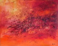 Tableau Abstrait Rouge 147 “Trou Noir”, peinture originale à l'huile par Régine Gardan, 80 × 65 cm. Un tableau rouge peint à la main.