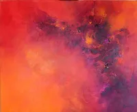Tableau Abstrait Rouge 125 “Ultraviolet”, peinture originale à l'huile par Régine Gardan, 73 × 60 cm. Un tableau rouge peint à la main.