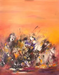Tableau Abstrait Rouge 44 “Uluru”, peinture originale à l'huile par Régine Gardan, 65 × 80 cm. Un tableau rouge peint à la main.