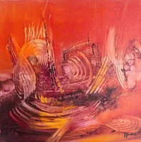 Tableau Abstrait Rouge 212 “Vibrations”, peinture originale à l'huile par Régine Gardan, 50 × 50 cm. Un tableau rouge peint à la main.