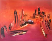 Tableau Abstrait Rouge 54 “Vision”, peinture originale à l'huile par Régine Gardan, 80 × 65 cm. Un tableau rouge peint à la main.