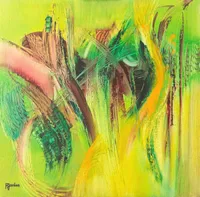 Tableau Abstrait Vert 110 “Algue”, peinture originale à l'huile par Régine Gardan, 50 × 50 cm. Un tableau vert peint à la main.
