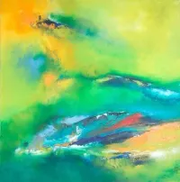 Tableau Abstrait Vert 164 “Amazonie”, peinture originale à l'huile par Régine Gardan, 70 × 70 cm. Un tableau vert peint à la main.