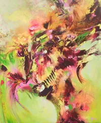 Tableau Abstrait Vert 90 “Arbre De Vie”, peinture originale à l'huile par Régine Gardan, 60 × 73 cm. Un tableau vert peint à la main.
