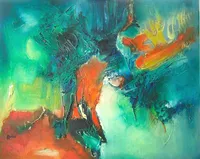 Tableau Abstrait Vert 31 “Destinée”, peinture originale à l'huile par Régine Gardan, 80 × 65 cm. Un tableau vert peint à la main.