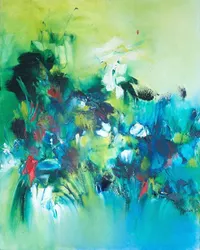 Tableau Abstrait Vert 124 “Fraicheur”, peinture originale à l'huile par Régine Gardan, 73 × 93 cm. Un tableau vert peint à la main.