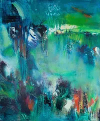 Tableau Abstrait Vert 136 “Lac De Jungle”, peinture originale à l'huile par Régine Gardan, 60 × 73 cm. Un tableau vert peint à la main.