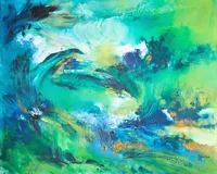 Tableau Abstrait Vert 123 “Nature”, peinture originale à l'huile par Régine Gardan, 80 × 65 cm. Un tableau vert peint à la main.