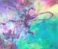 Tableau Abstrait Vert 112 “Nébuleuse”, peinture originale à l'huile par Régine Gardan, 50 × 50 cm. Un tableau vert peint à la main.