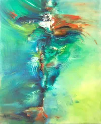 Tableau Abstrait Vert  30 “Tornade”, peinture originale à l'huile par Régine Gardan, 65 × 80 cm. Un tableau vert peint à la main.