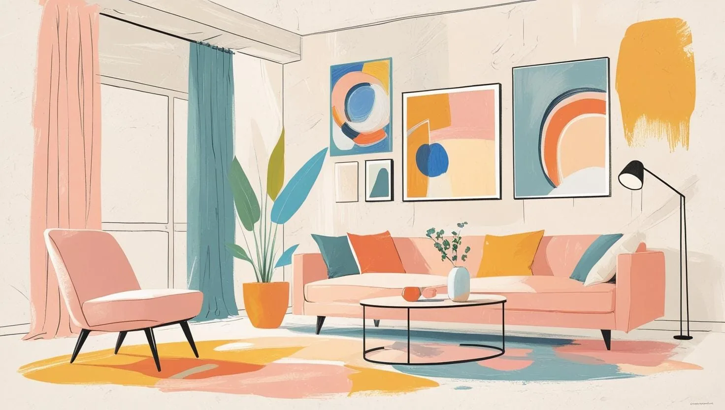 Farbenfrohe abstrakte Malerei in einem Wohnzimmer, elegante Innendekoration