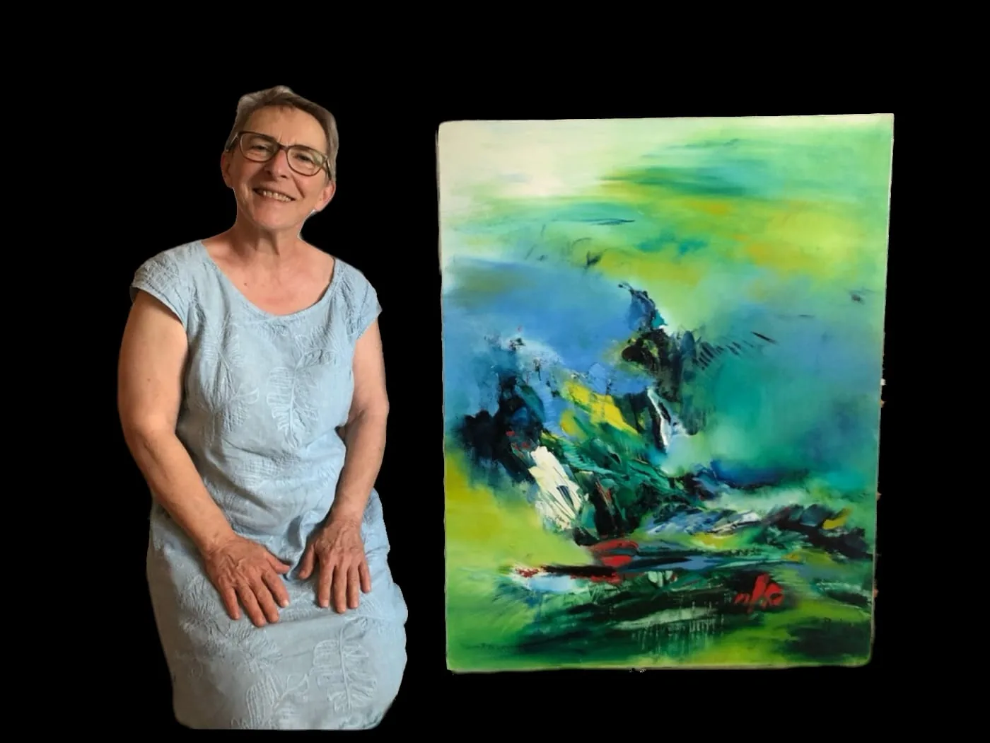 Christine neben ihrem abstrakten Bild in Grün und Blau von Régine Gardan
