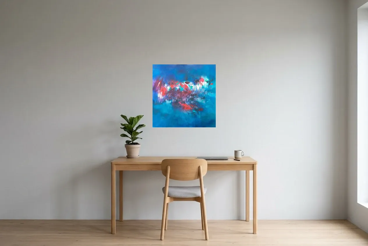 Blue Abstract Painting 10 “Ébullition”, original oil painting by Régine Gardan, 60 × 60 cm, hung in a home office