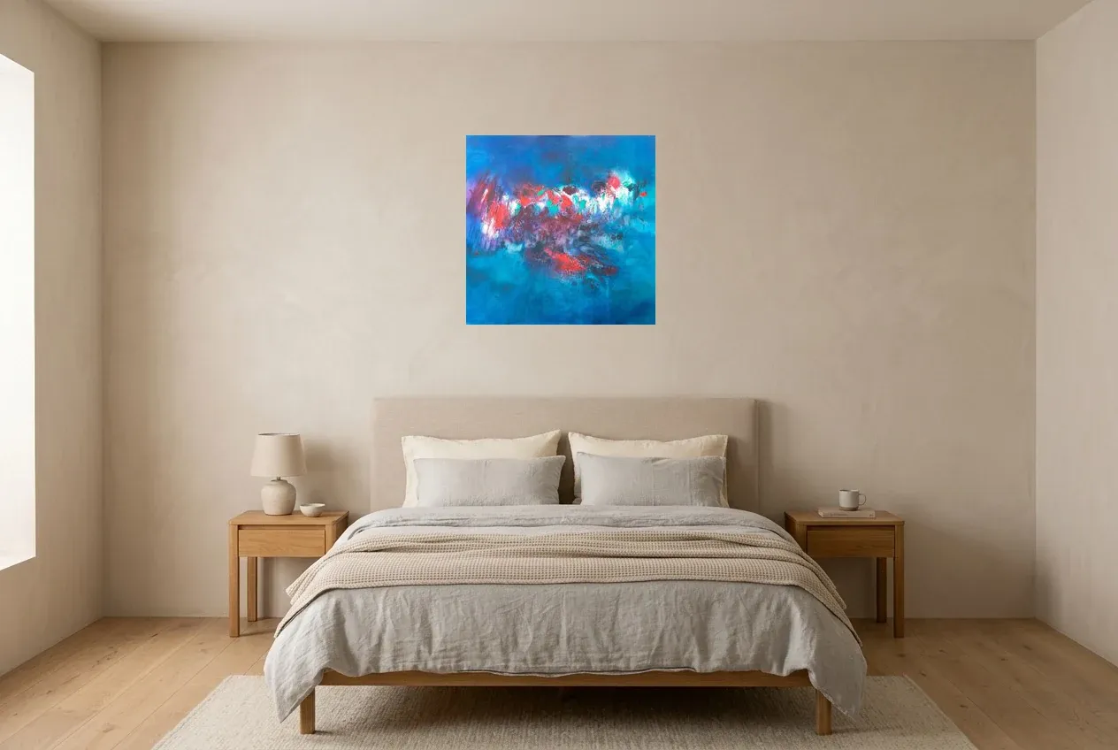 Blue Abstract Painting 10 “Ébullition”, original oil painting by Régine Gardan, 60 × 60 cm, hung in a bedroom