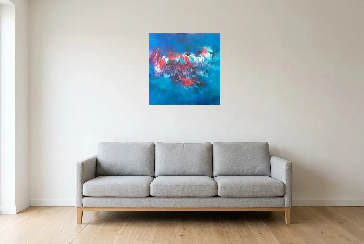 Blue Abstract Painting 10 “Ébullition”, original oil painting by Régine Gardan, 60 × 60 cm, hung in a living room