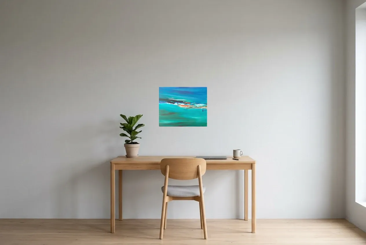 Cuadro Abstracto Azul 100 “Nage Douce”, pintura original al óleo de Régine Gardan, 46 × 38 cm, colgado en un despacho
