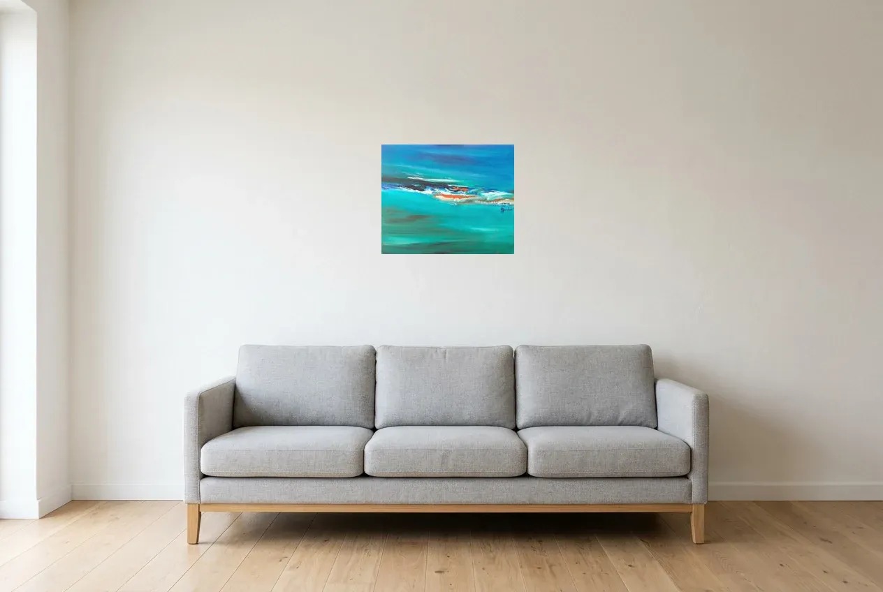 Cuadro Abstracto Azul 100 “Nage Douce”, pintura original al óleo de Régine Gardan, 46 × 38 cm, colgado en un salón