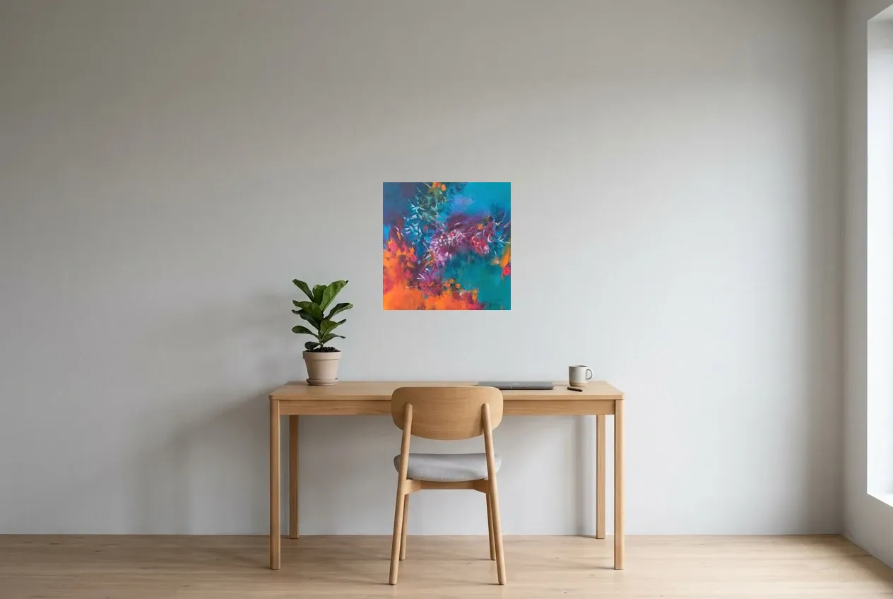 Blue Abstract Painting 106 “Corail”, original oil painting by Régine Gardan, 50 × 50 cm, hung in a home office