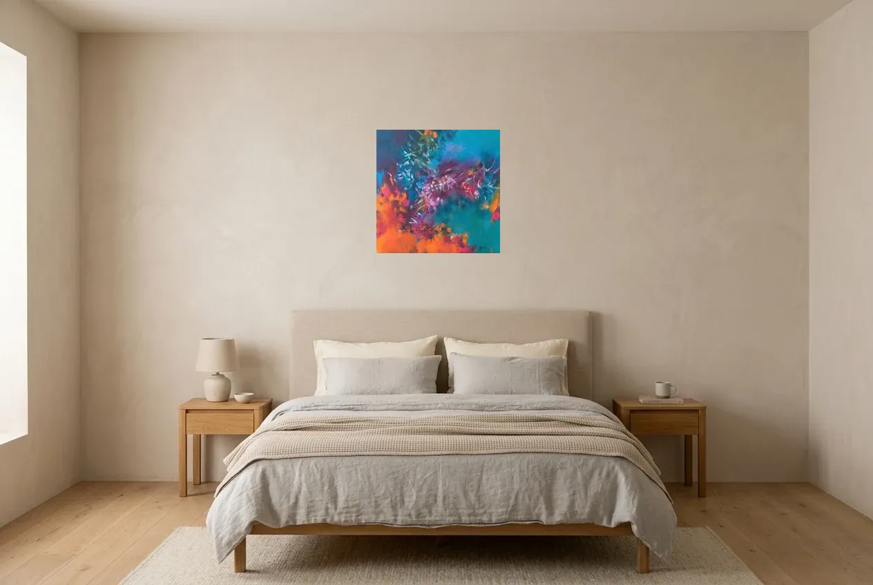 Blue Abstract Painting 106 “Corail”, original oil painting by Régine Gardan, 50 × 50 cm, hung in a bedroom