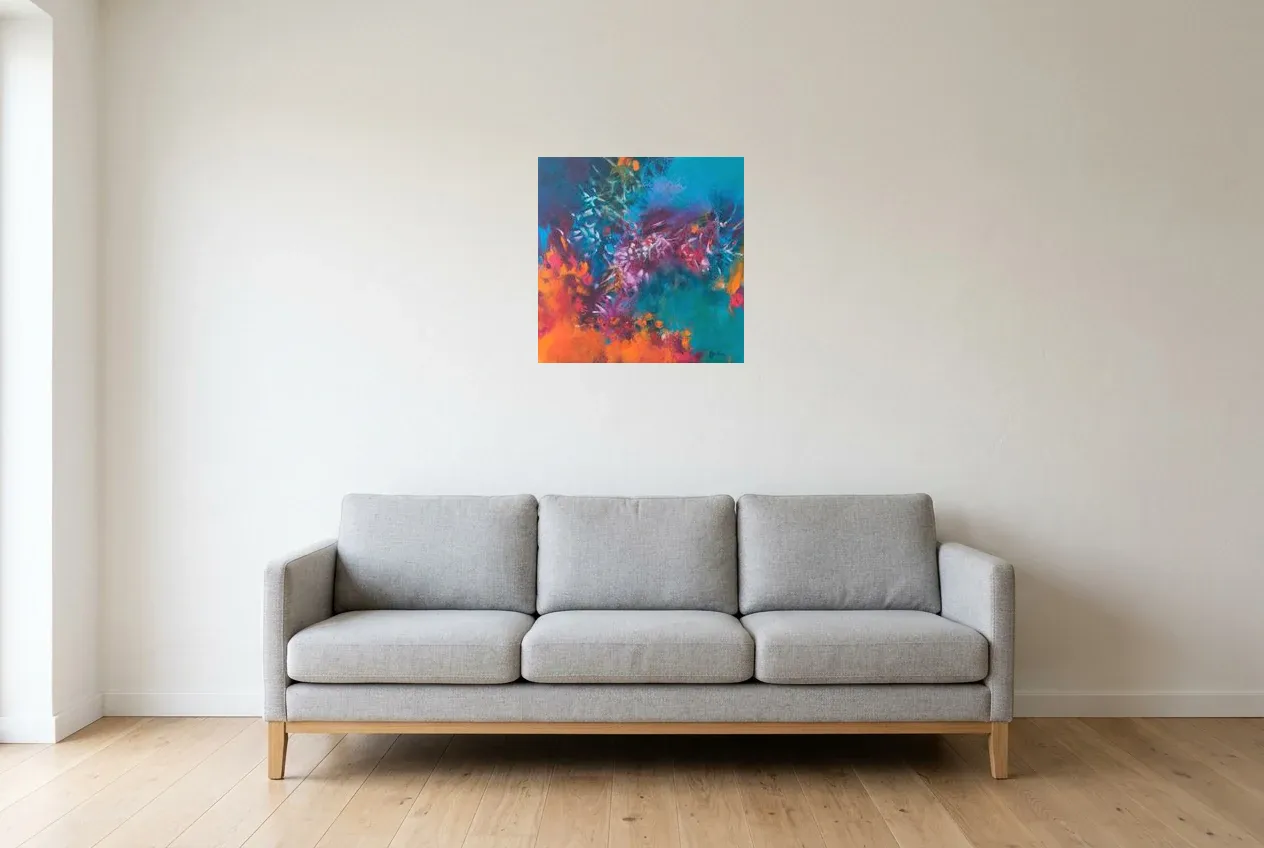 Blue Abstract Painting 106 “Corail”, original oil painting by Régine Gardan, 50 × 50 cm, hung in a living room