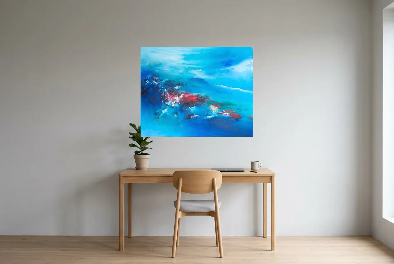 Blue Abstract Painting 121 “Figure Mythique”, original oil painting by Régine Gardan, 100 × 80 cm, hung in a home office