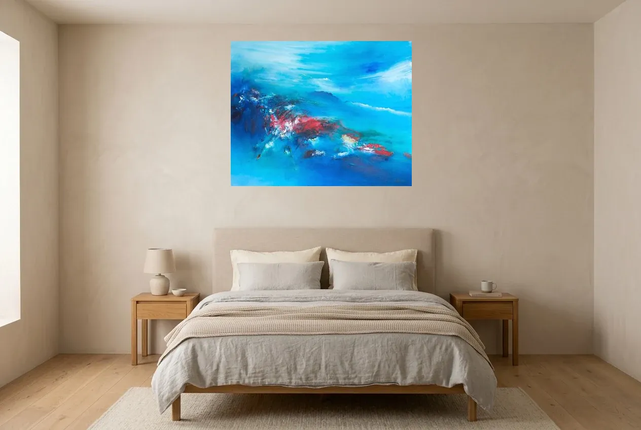 Blue Abstract Painting 121 “Figure Mythique”, original oil painting by Régine Gardan, 100 × 80 cm, hung in a bedroom