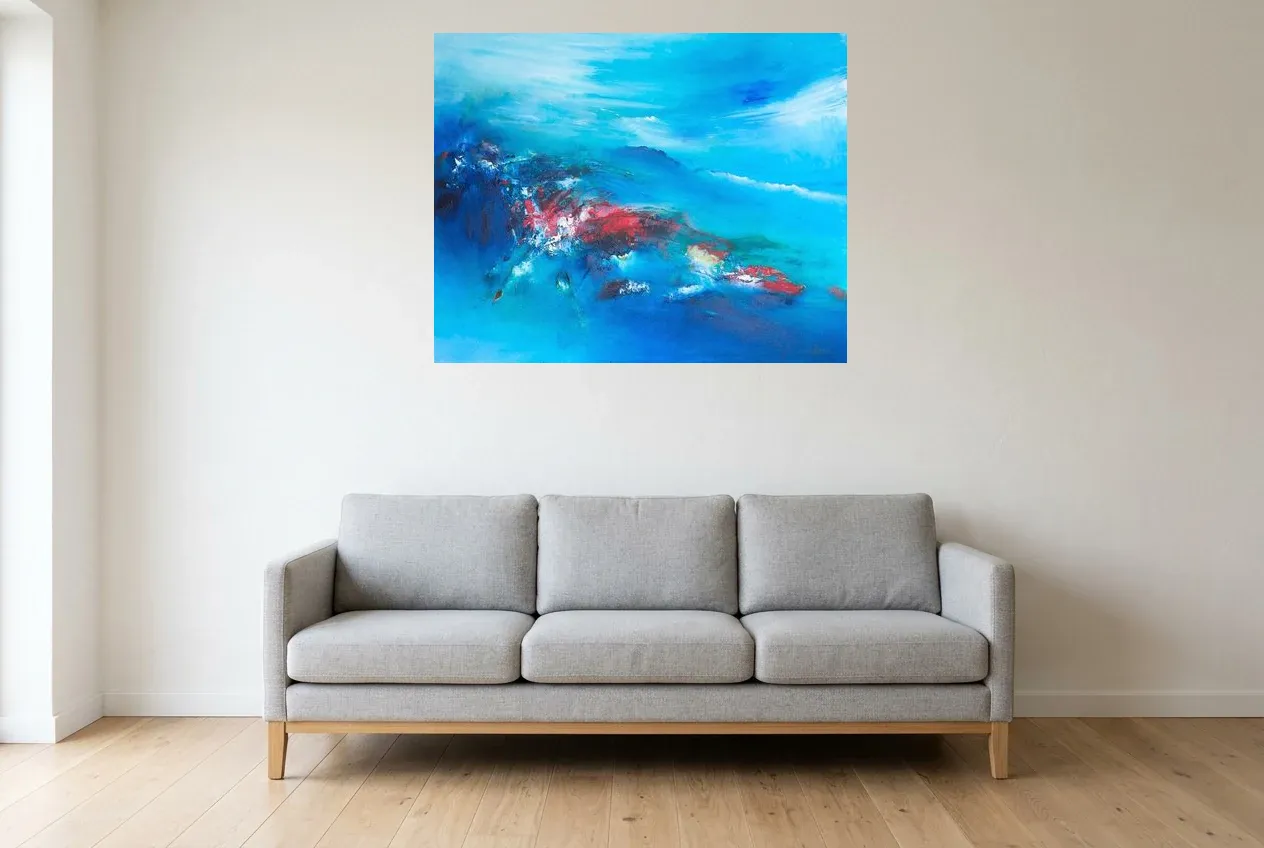 Blue Abstract Painting 121 “Figure Mythique”, original oil painting by Régine Gardan, 100 × 80 cm, hung in a living room