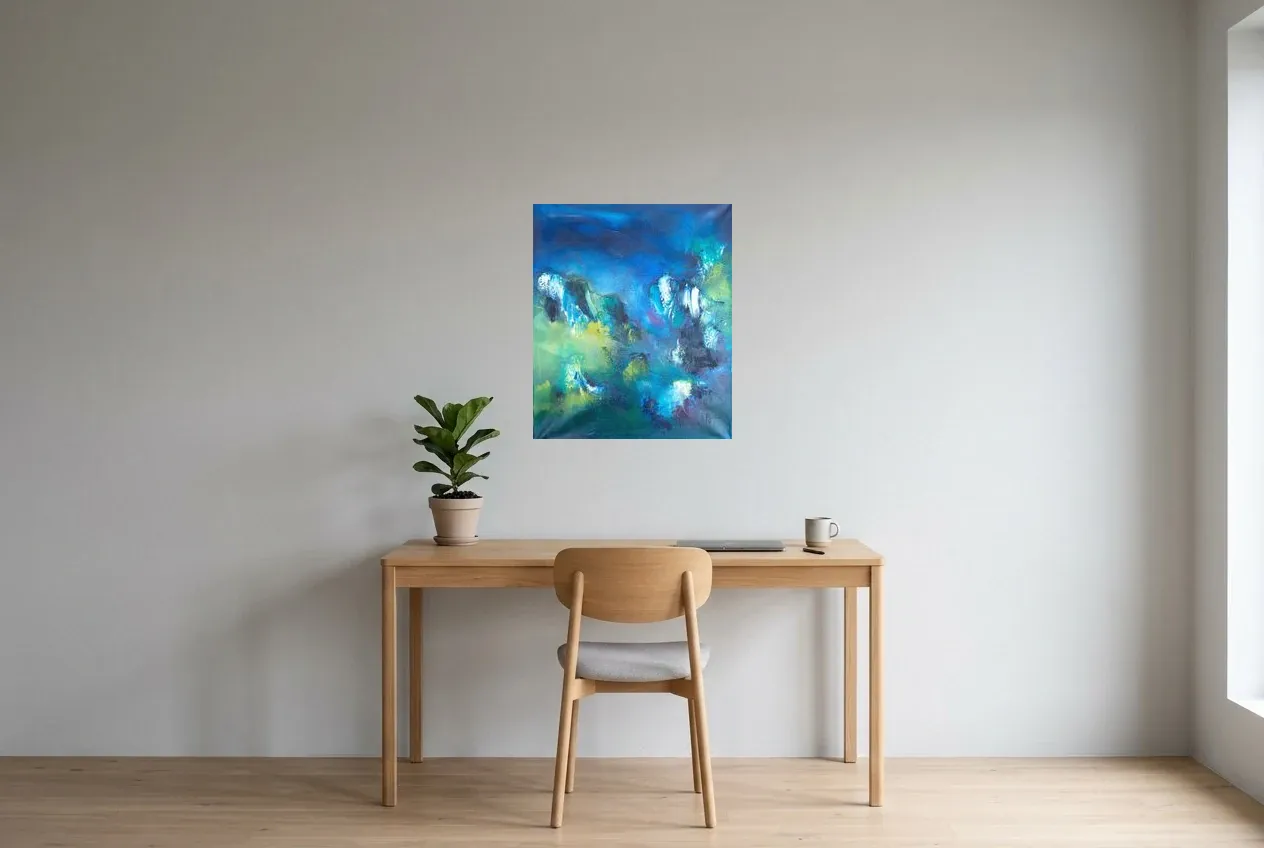Blue Abstract Painting 130 “Toundra”, original oil painting by Régine Gardan, 55 × 65 cm, hung in a home office