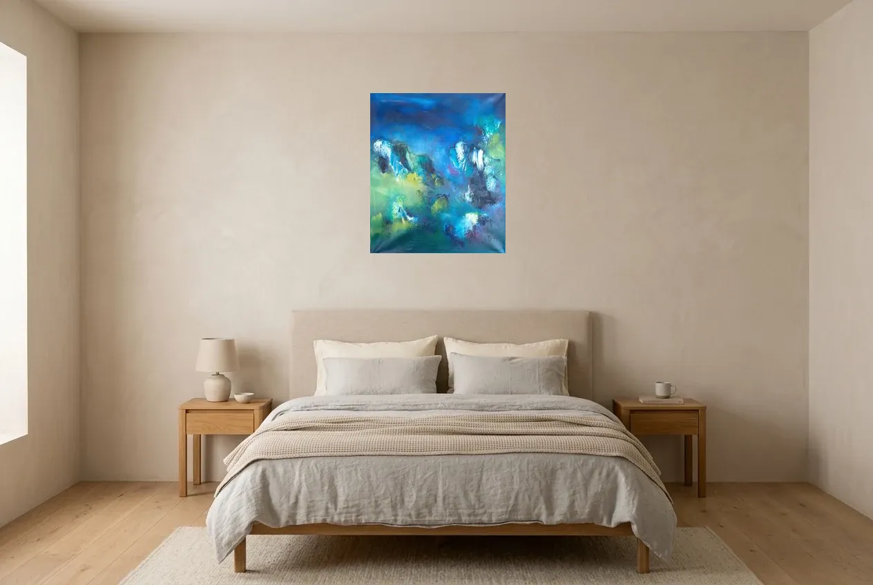 Blue Abstract Painting 130 “Toundra”, original oil painting by Régine Gardan, 55 × 65 cm, hung in a bedroom