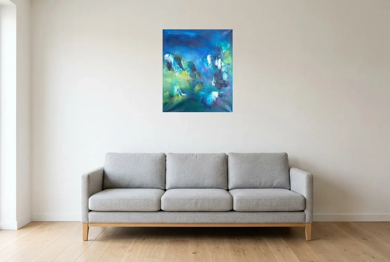 Blue Abstract Painting 130 “Toundra”, original oil painting by Régine Gardan, 55 × 65 cm, hung in a living room