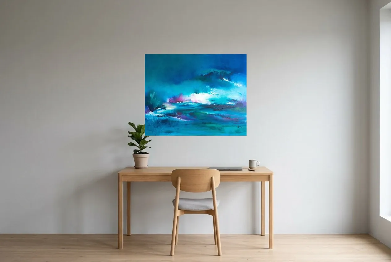 Blue Abstract Painting 135 “Aurore Australe”, original oil painting by Régine Gardan, 91 × 73 cm, hung in a home office