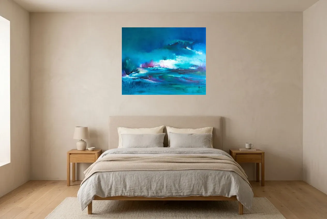 Blue Abstract Painting 135 “Aurore Australe”, original oil painting by Régine Gardan, 91 × 73 cm, hung in a bedroom