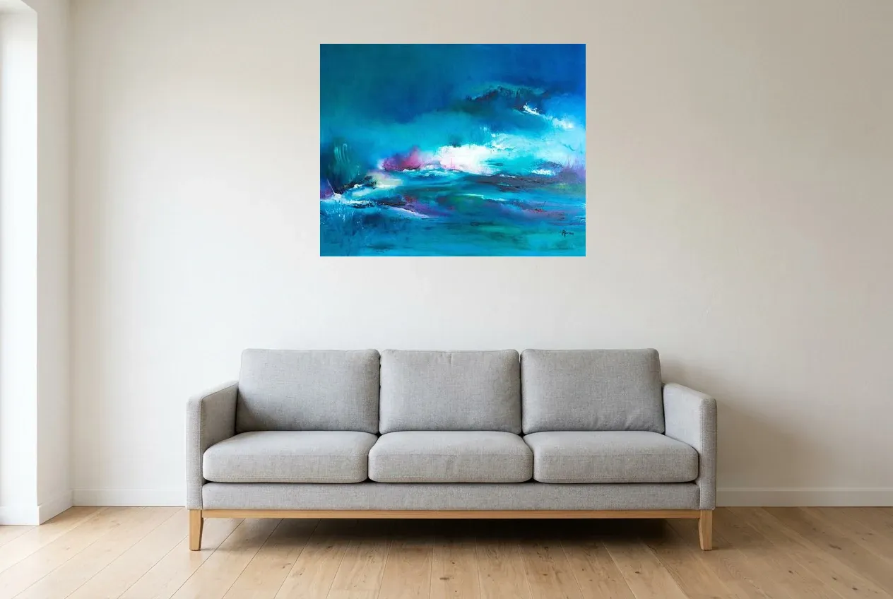 Blue Abstract Painting 135 “Aurore Australe”, original oil painting by Régine Gardan, 91 × 73 cm, hung in a living room