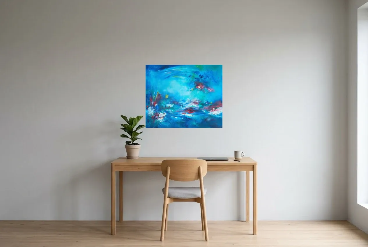 Blue Abstract Painting 138 “Reflet”, original oil painting by Régine Gardan, 73 × 60 cm, hung in a home office