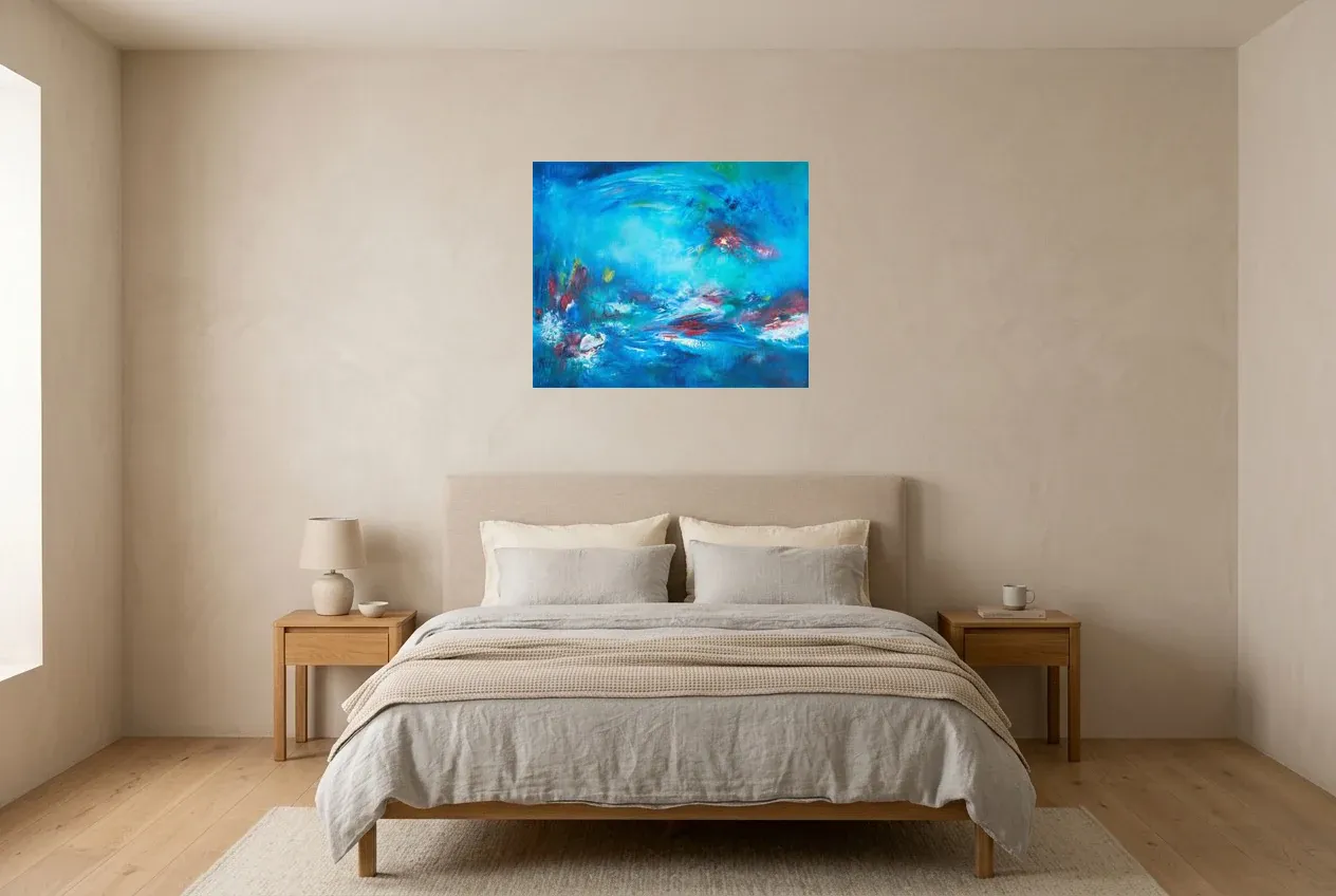 Blue Abstract Painting 138 “Reflet”, original oil painting by Régine Gardan, 73 × 60 cm, hung in a bedroom