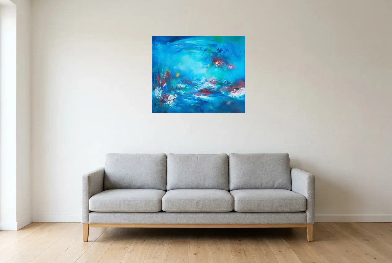 Blue Abstract Painting 138 “Reflet”, original oil painting by Régine Gardan, 73 × 60 cm, hung in a living room