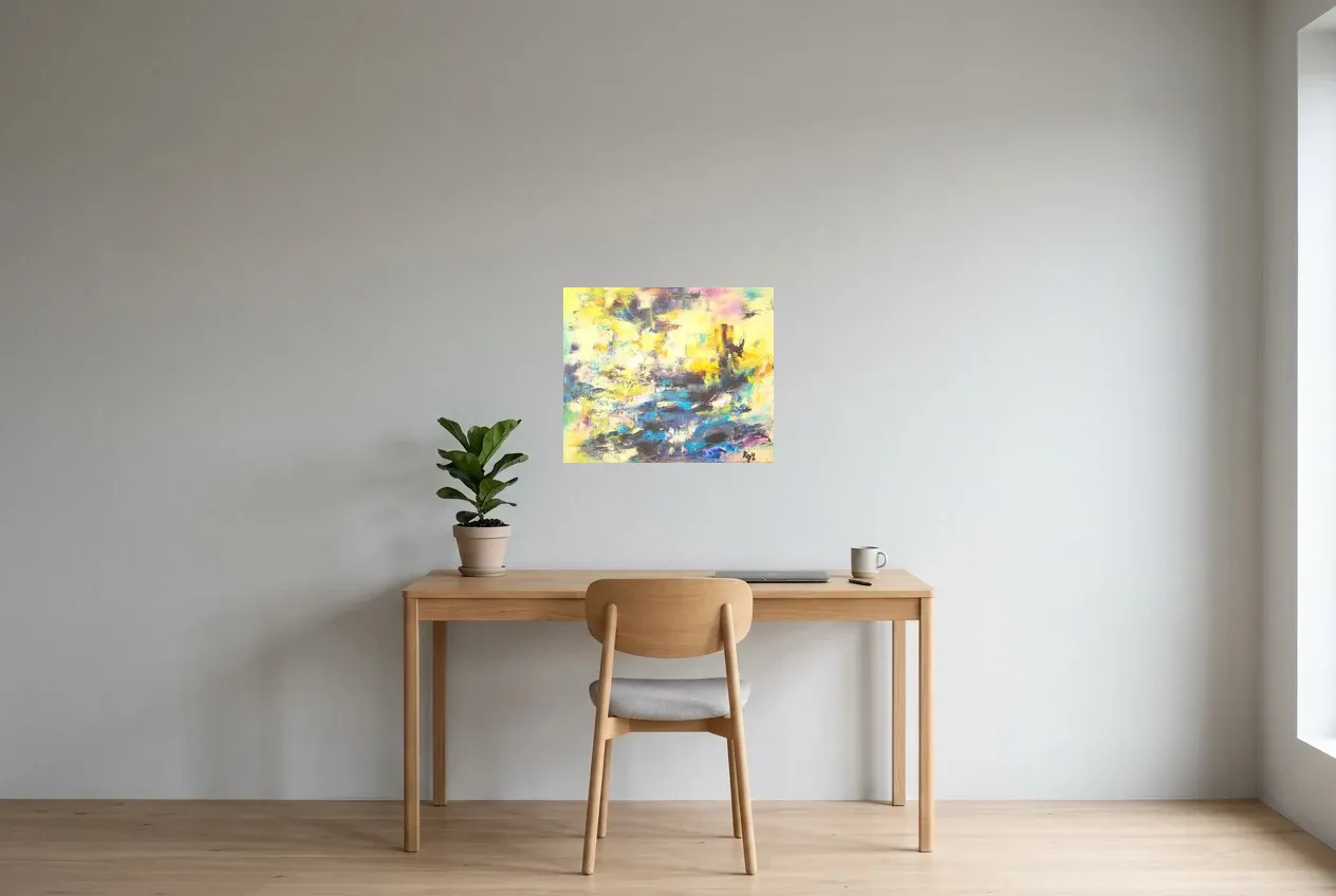 Cuadro Abstracto Azul 14 “Reflet Matinal”, pintura original al óleo de Régine Gardan, 55 × 46 cm, colgado en un despacho