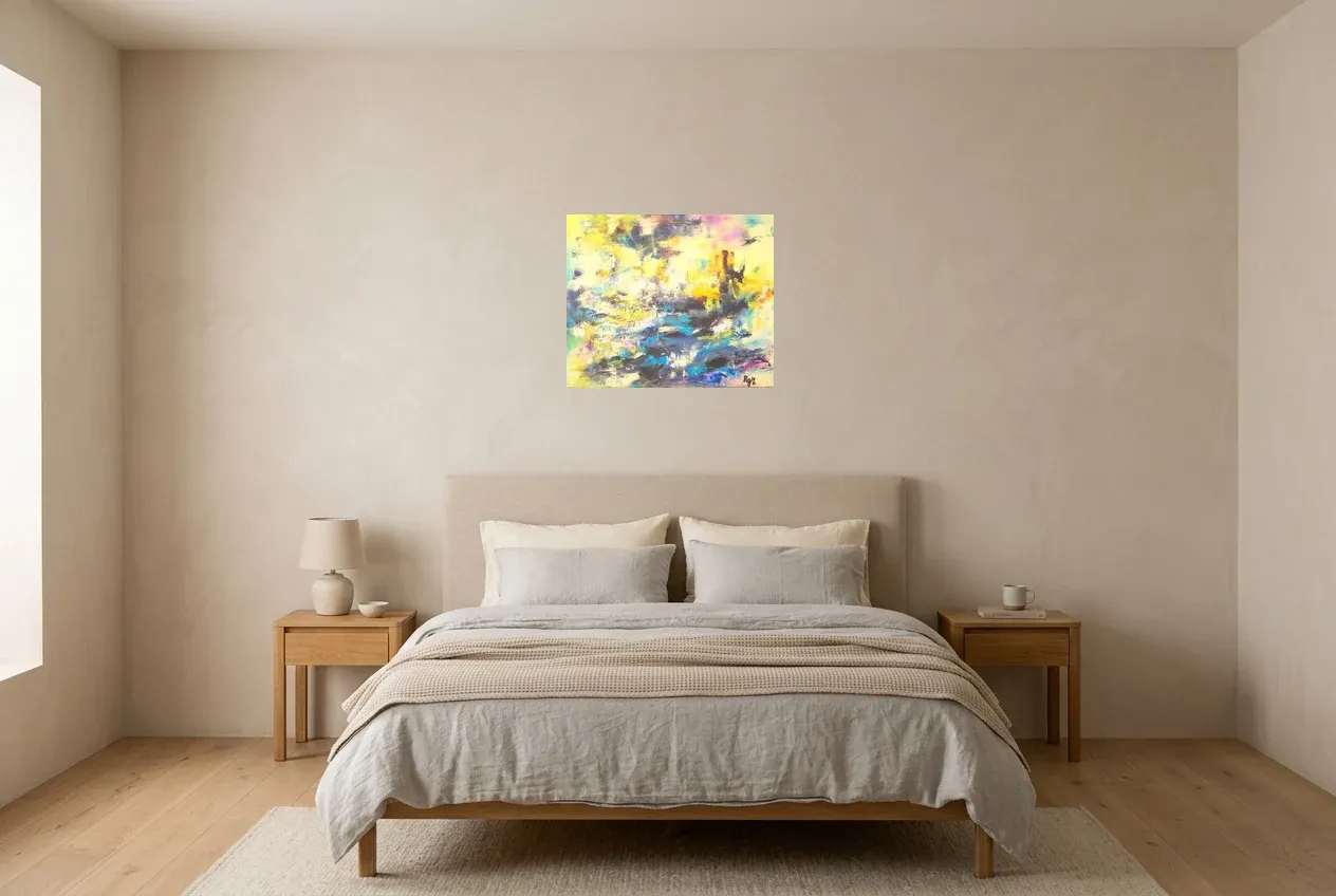 Cuadro Abstracto Azul 14 “Reflet Matinal”, pintura original al óleo de Régine Gardan, 55 × 46 cm, colgado en un dormitorio