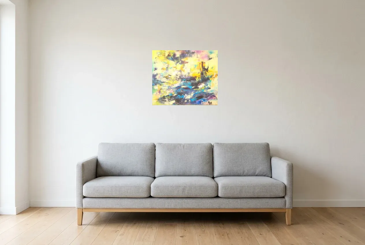 Cuadro Abstracto Azul 14 “Reflet Matinal”, pintura original al óleo de Régine Gardan, 55 × 46 cm, colgado en un salón