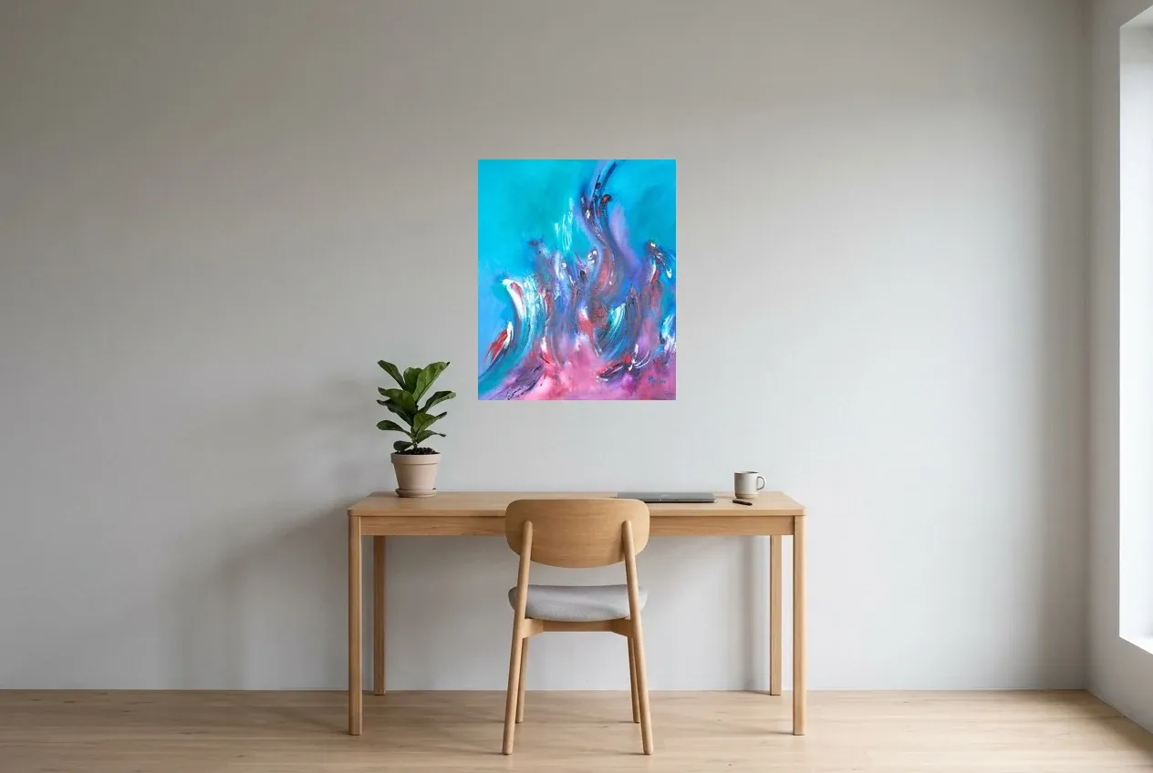 Blue Abstract Painting 151 “Feu Follet”, original oil painting by Régine Gardan, 60 × 73 cm, hung in a home office