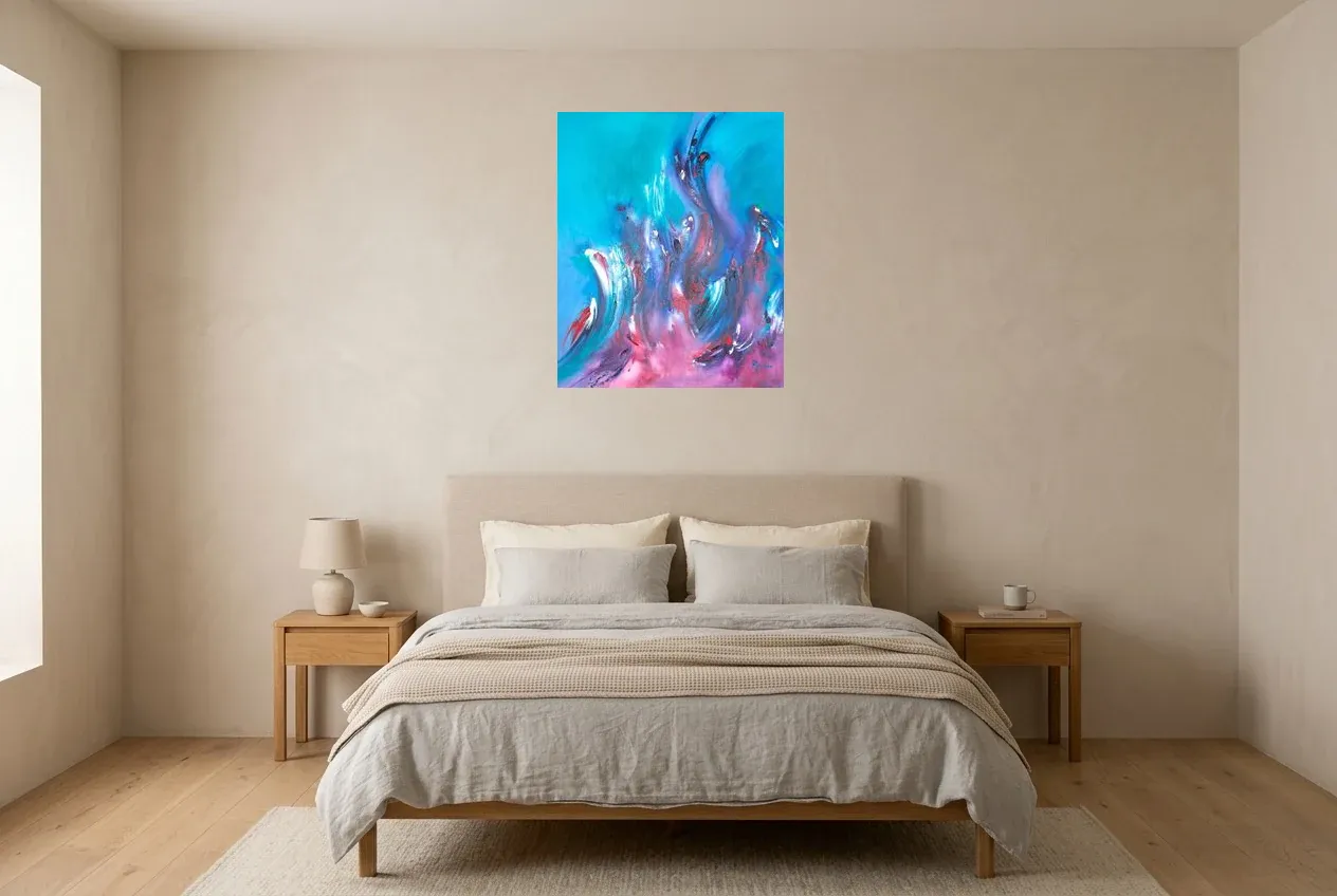 Blue Abstract Painting 151 “Feu Follet”, original oil painting by Régine Gardan, 60 × 73 cm, hung in a bedroom