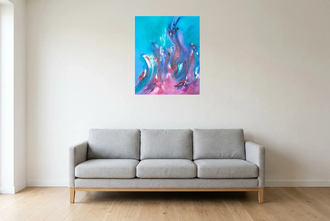 Blue Abstract Painting 151 “Feu Follet”, original oil painting by Régine Gardan, 60 × 73 cm, hung in a living room