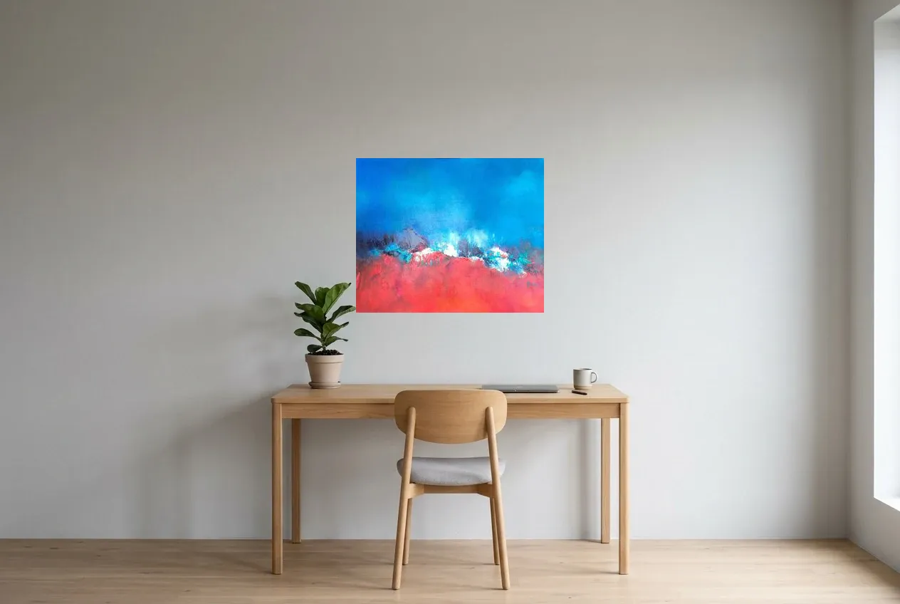 Blue Abstract Painting 157 “Fusion”, original oil painting by Régine Gardan, 73 × 60 cm, hung in a home office