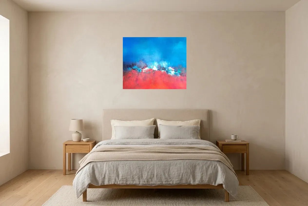 Blue Abstract Painting 157 “Fusion”, original oil painting by Régine Gardan, 73 × 60 cm, hung in a bedroom