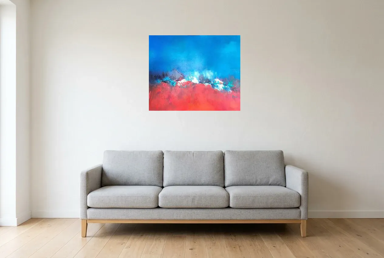 Blue Abstract Painting 157 “Fusion”, original oil painting by Régine Gardan, 73 × 60 cm, hung in a living room